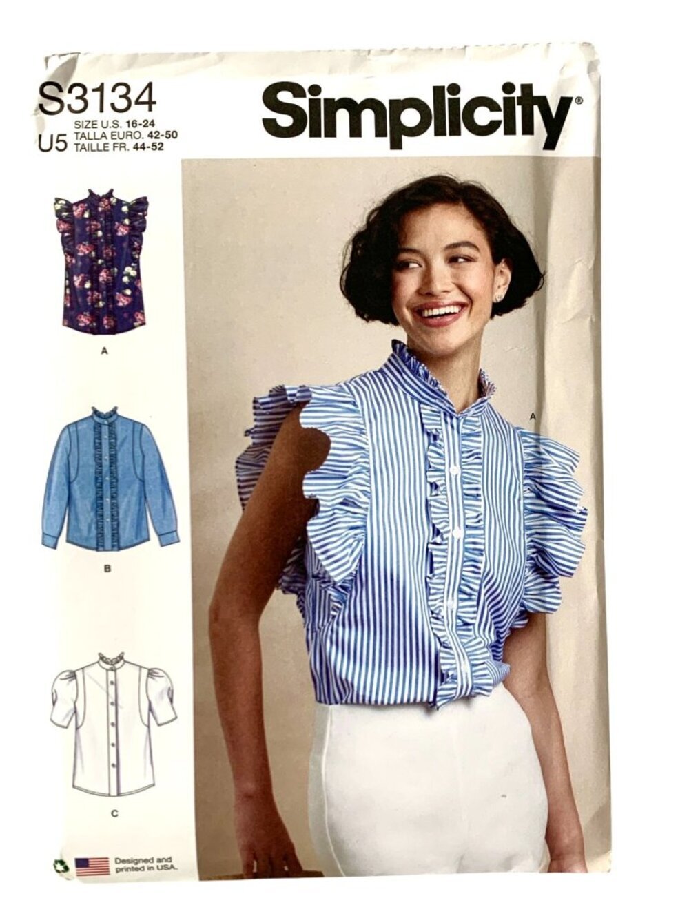 Simplicity S3002 Pattern Women's Tops Button Long Puff Sleeve  Uncut Plus Sizes